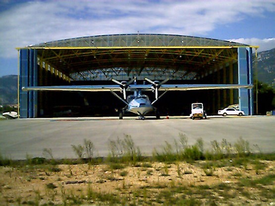 Space frame hangar with folding doors open